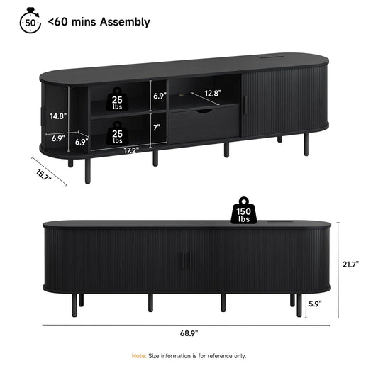 69" TV Stand with Sliding Doors and Storage Drawer