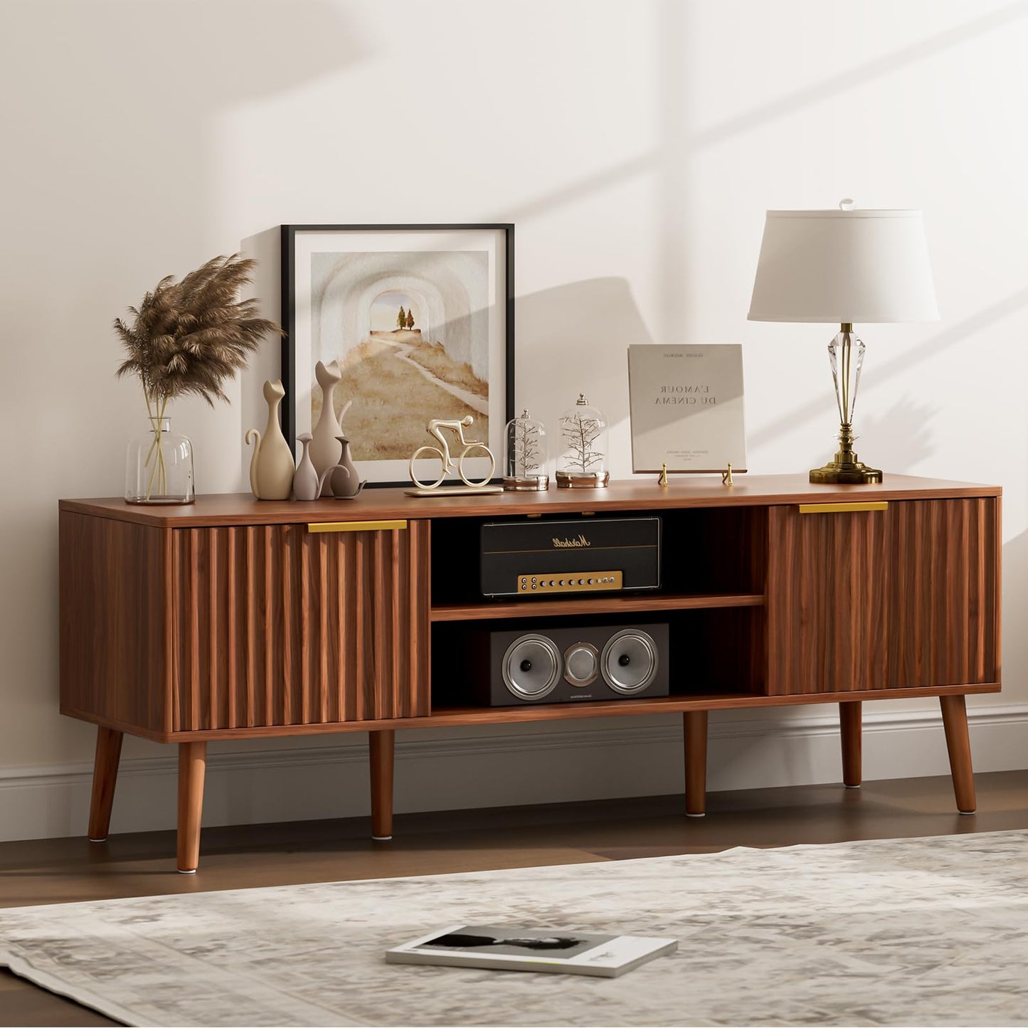 Modern Fluted TV Stand with Open Storage Shelves