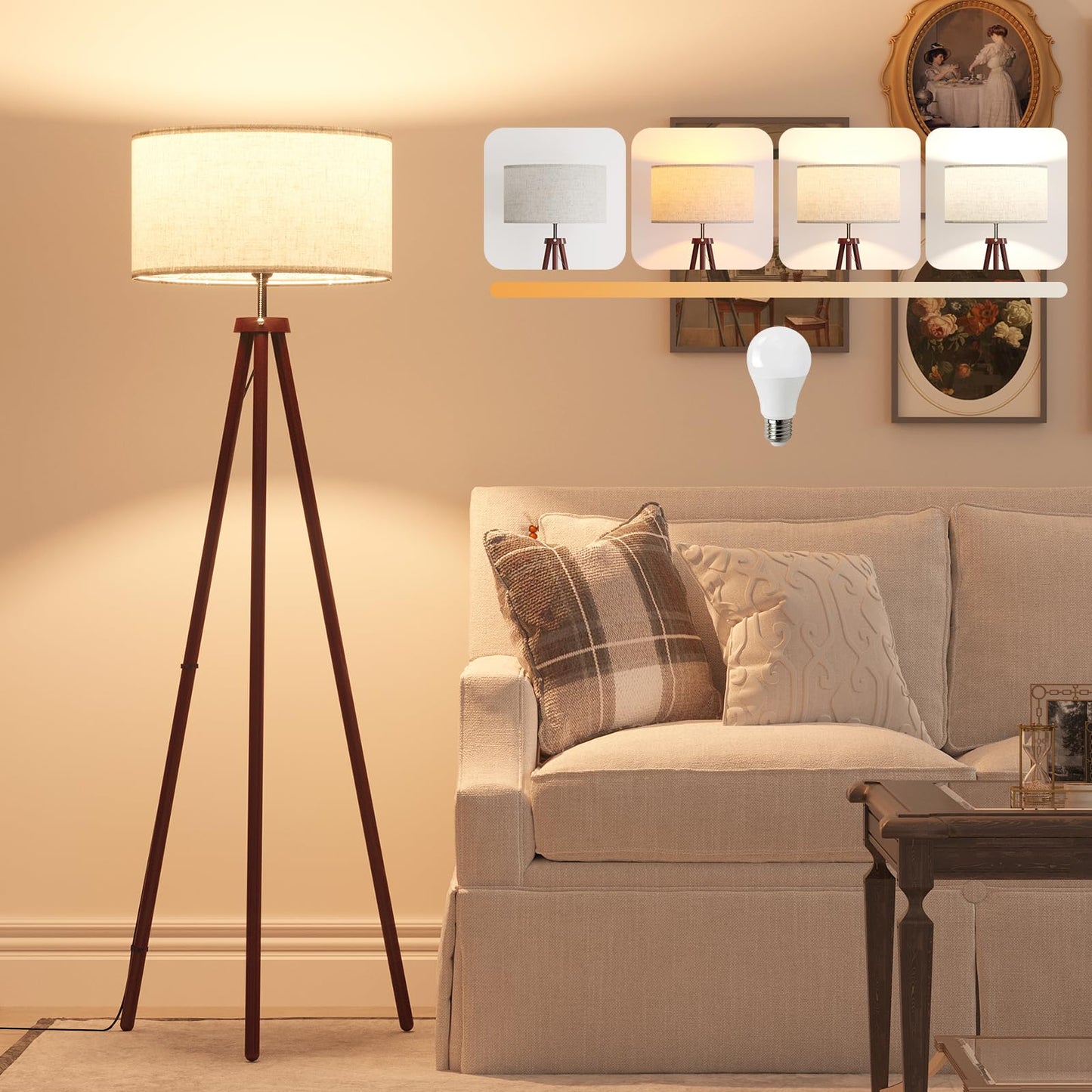 Wood Tripod Floor Lamp with Linen Shade