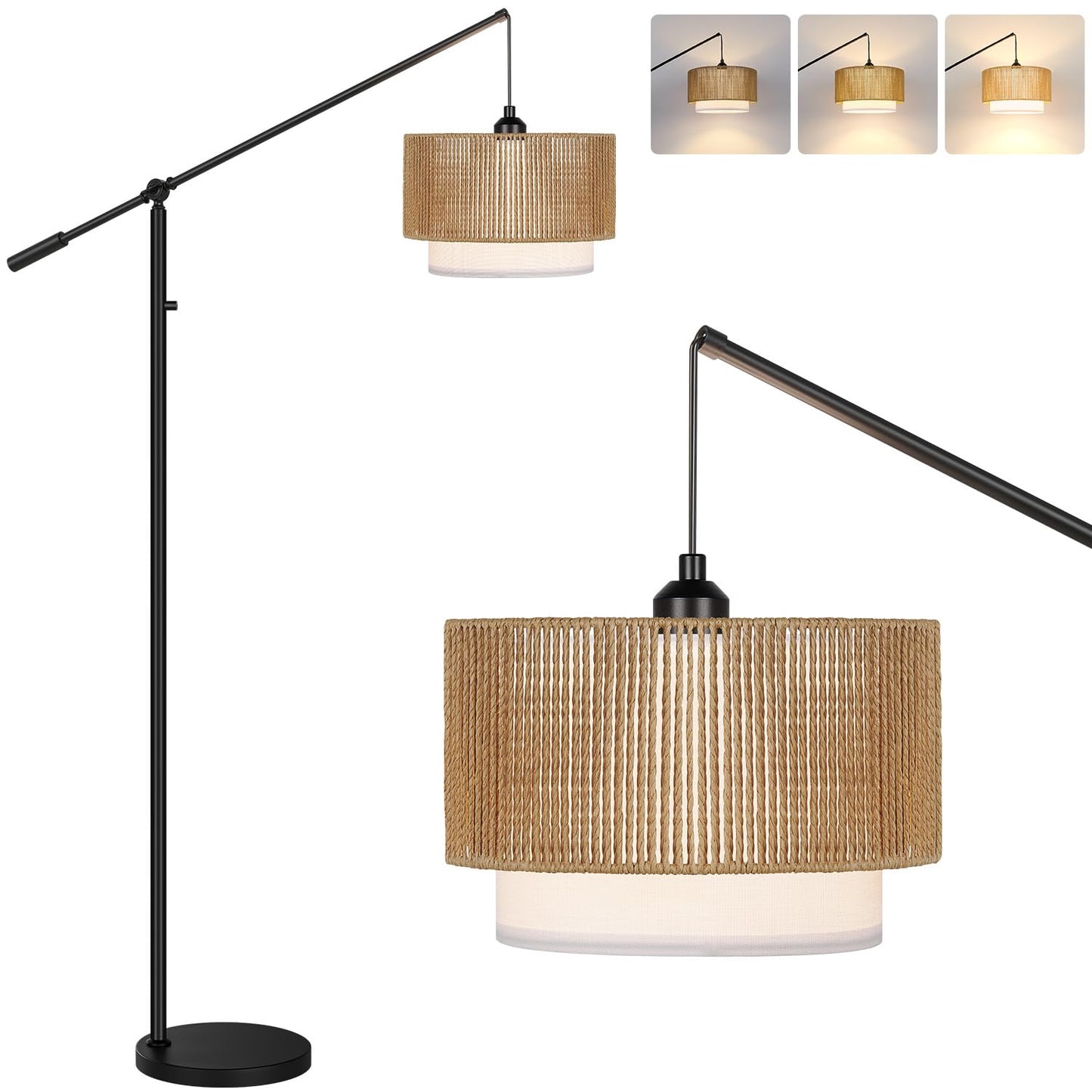 Boho Arc Floor Lamp with Rattan Shade