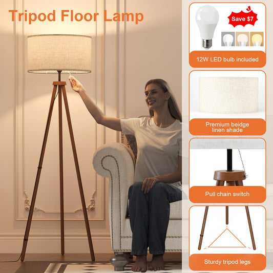Wood Tripod Floor Lamp with Linen Shade
