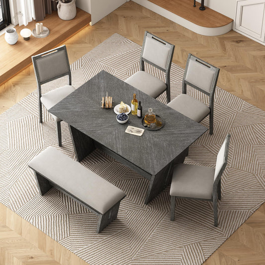 6-Piece Retro Dining Table Set with Bench