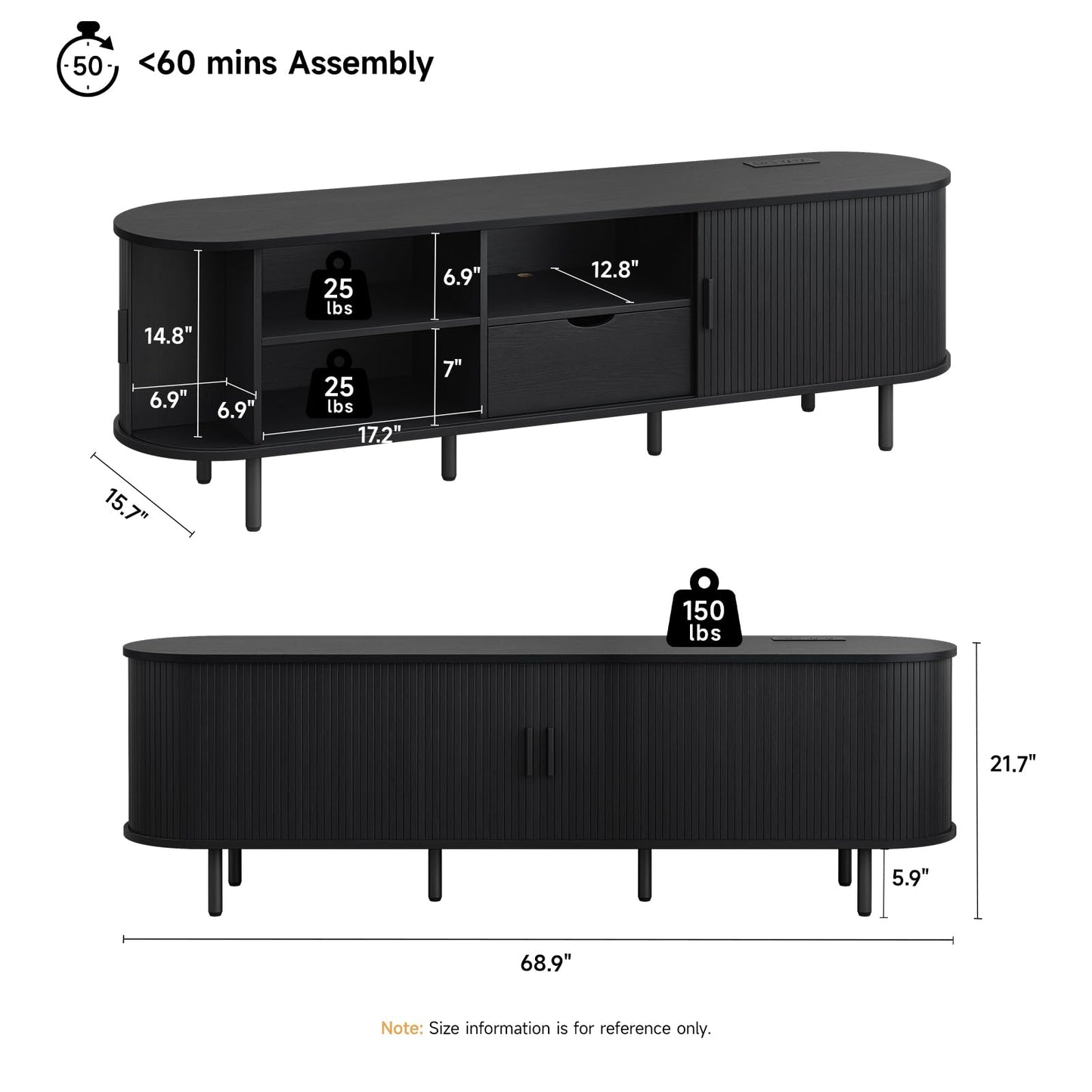 69" TV Stand with Sliding Doors and Storage Drawer