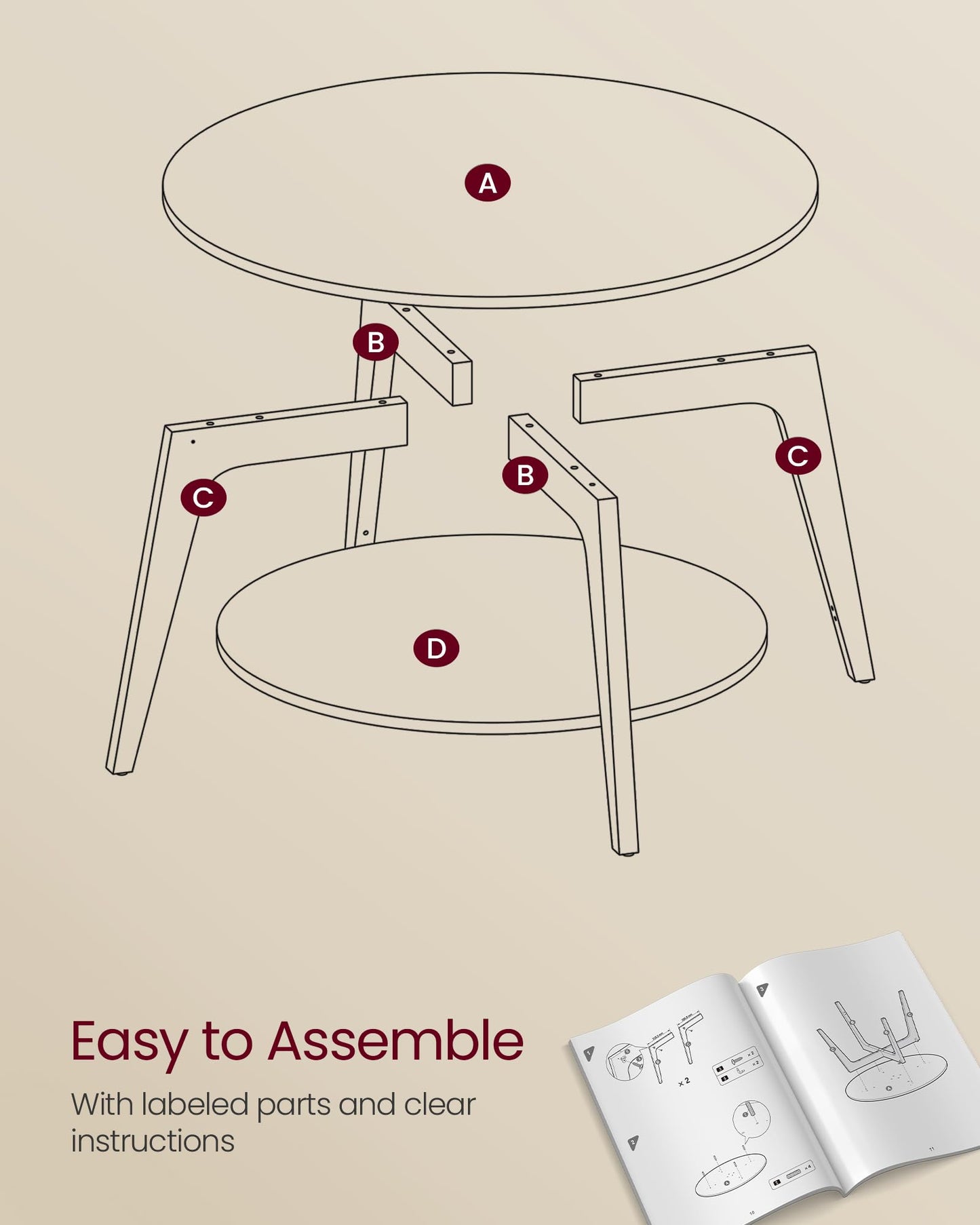 VASAGLE Round Coffee Table, for Living Room