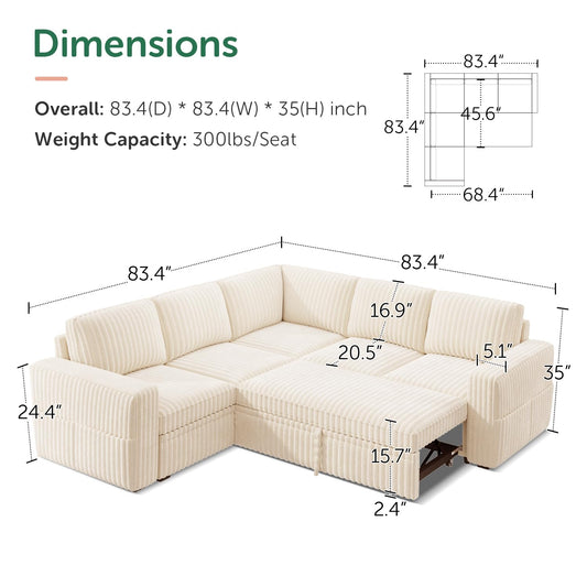 Modular Corduroy Sleeper Sectional Sofa with Storage