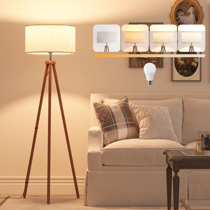 Wood Tripod Floor Lamp with Linen Shade