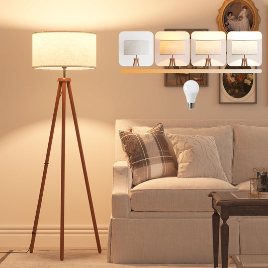 Wood Tripod Floor Lamp with Linen Shade