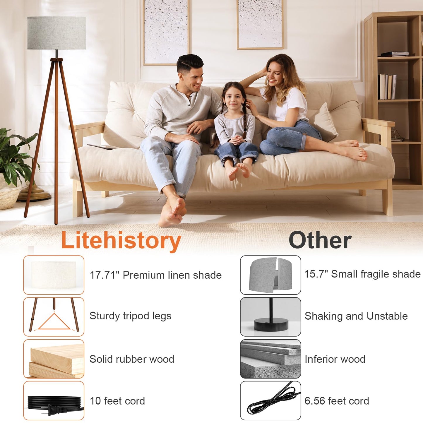 Wood Tripod Floor Lamp with Linen Shade