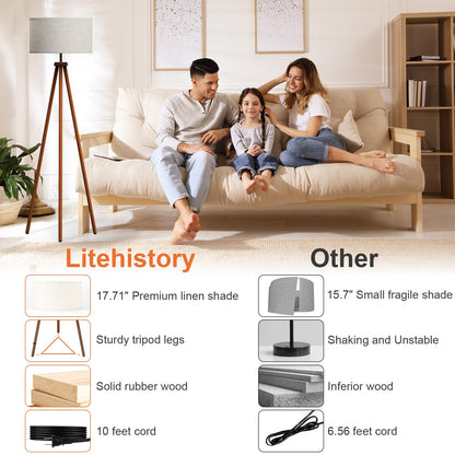 Wood Tripod Floor Lamp with Linen Shade