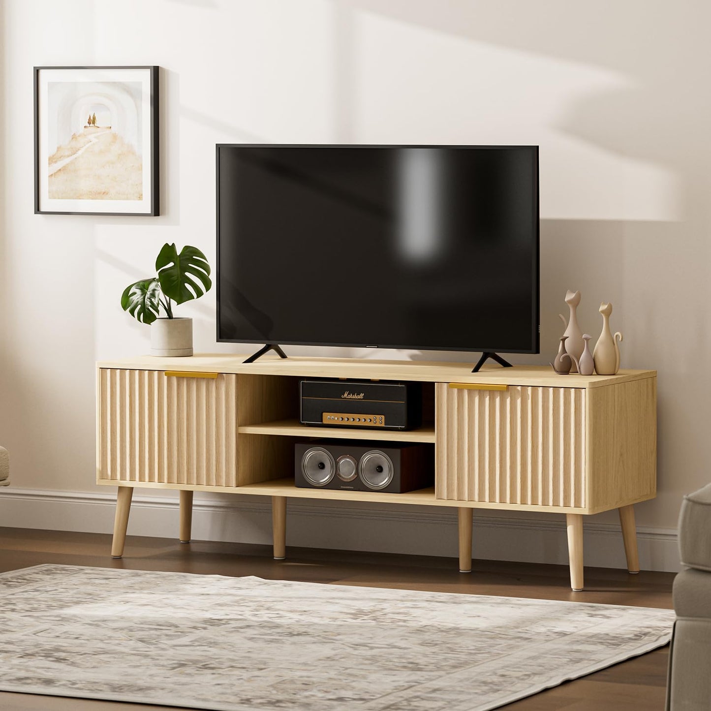 Modern Fluted TV Stand with Open Storage Shelves