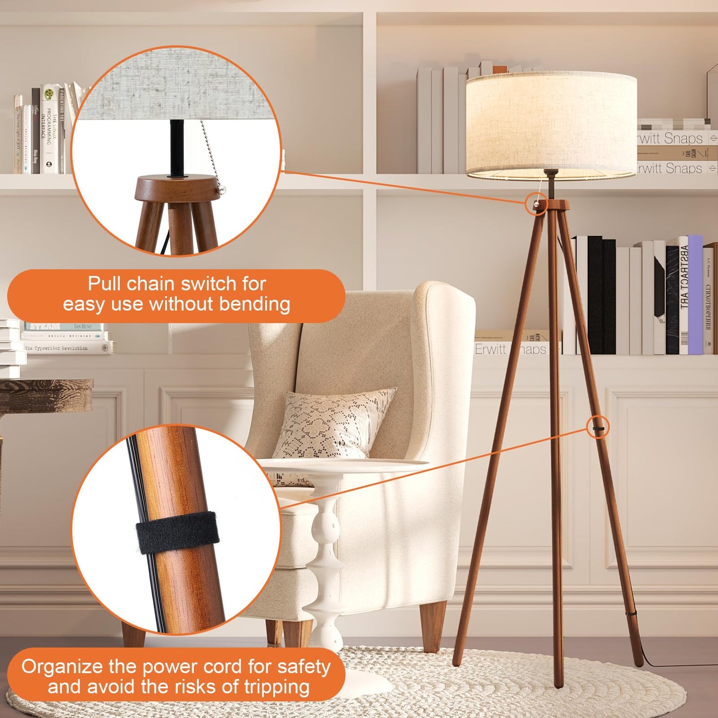 Wood Tripod Floor Lamp with Linen Shade