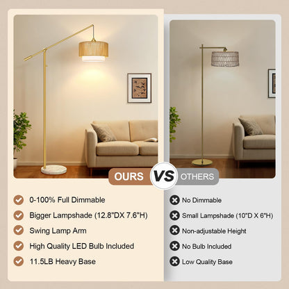 Boho Arc Floor Lamp with Rattan Shade