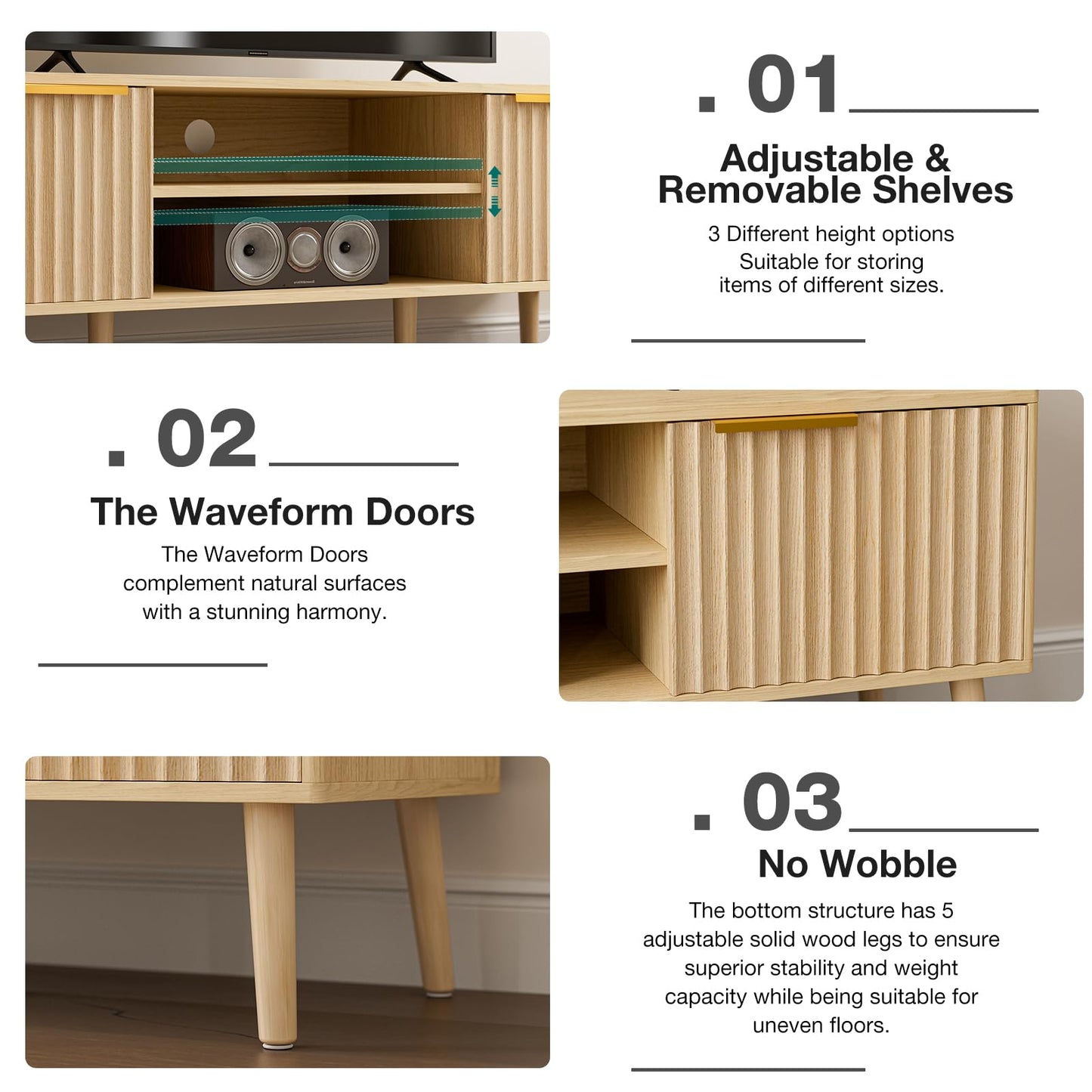 Modern Fluted TV Stand with Open Storage Shelves