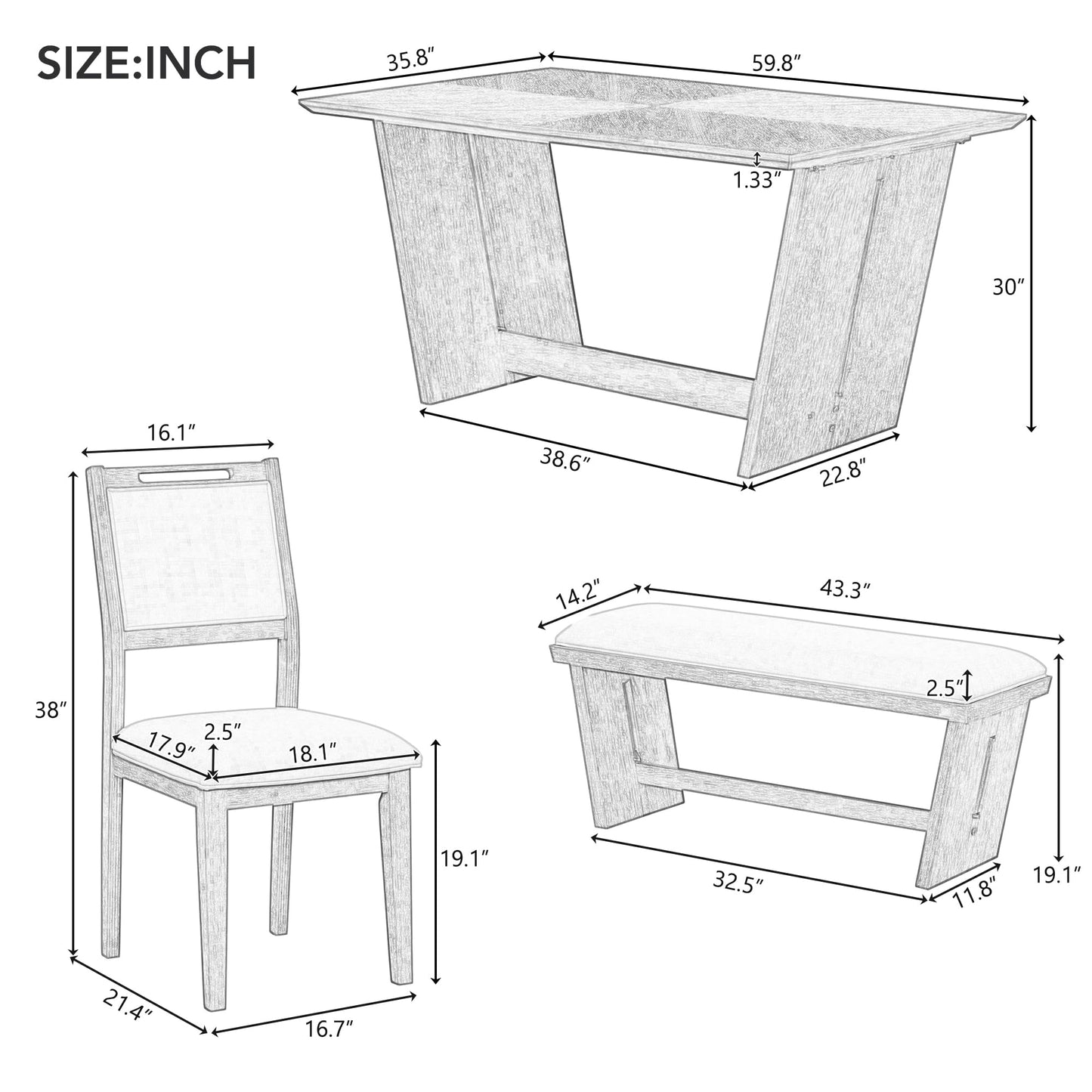 6-Piece Retro Dining Table Set with Bench