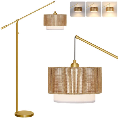 Boho Arc Floor Lamp with Rattan Shade