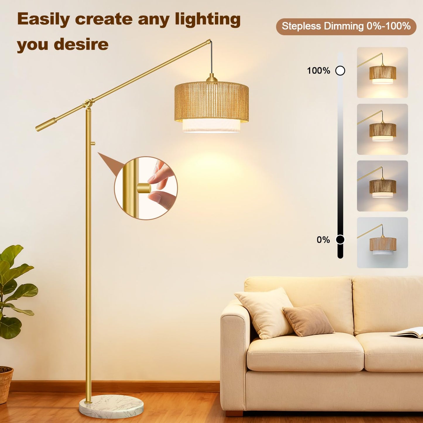 Boho Arc Floor Lamp with Rattan Shade