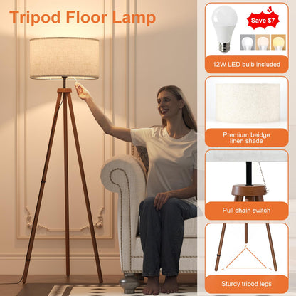 Wood Tripod Floor Lamp with Linen Shade
