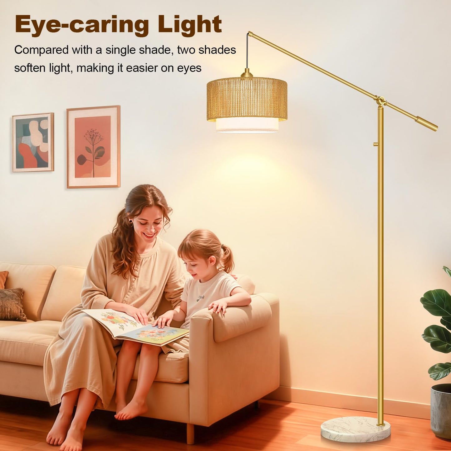 Boho Arc Floor Lamp with Rattan Shade