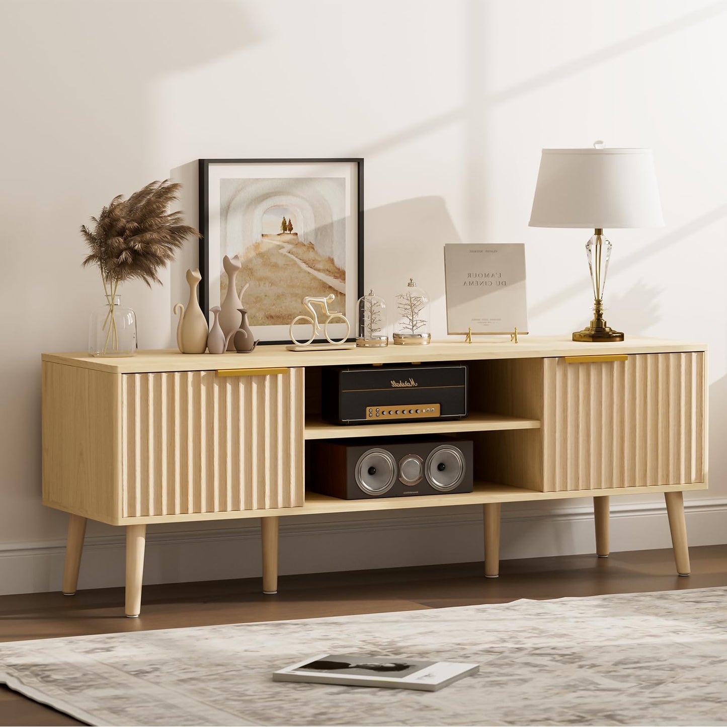 Modern Fluted TV Stand with Open Storage Shelves