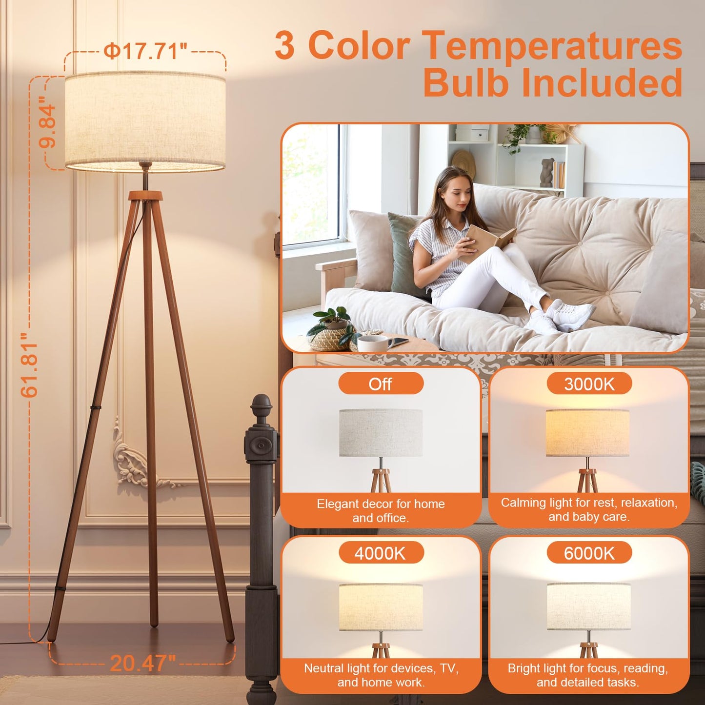 Wood Tripod Floor Lamp with Linen Shade