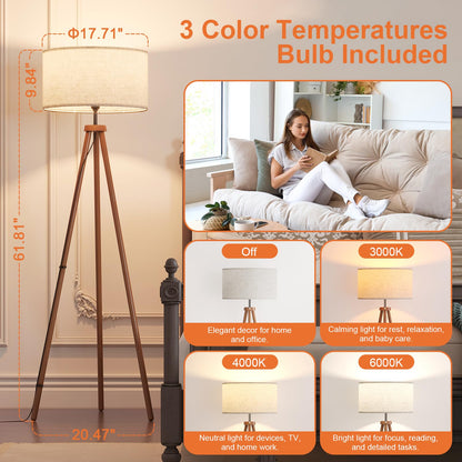 Wood Tripod Floor Lamp with Linen Shade