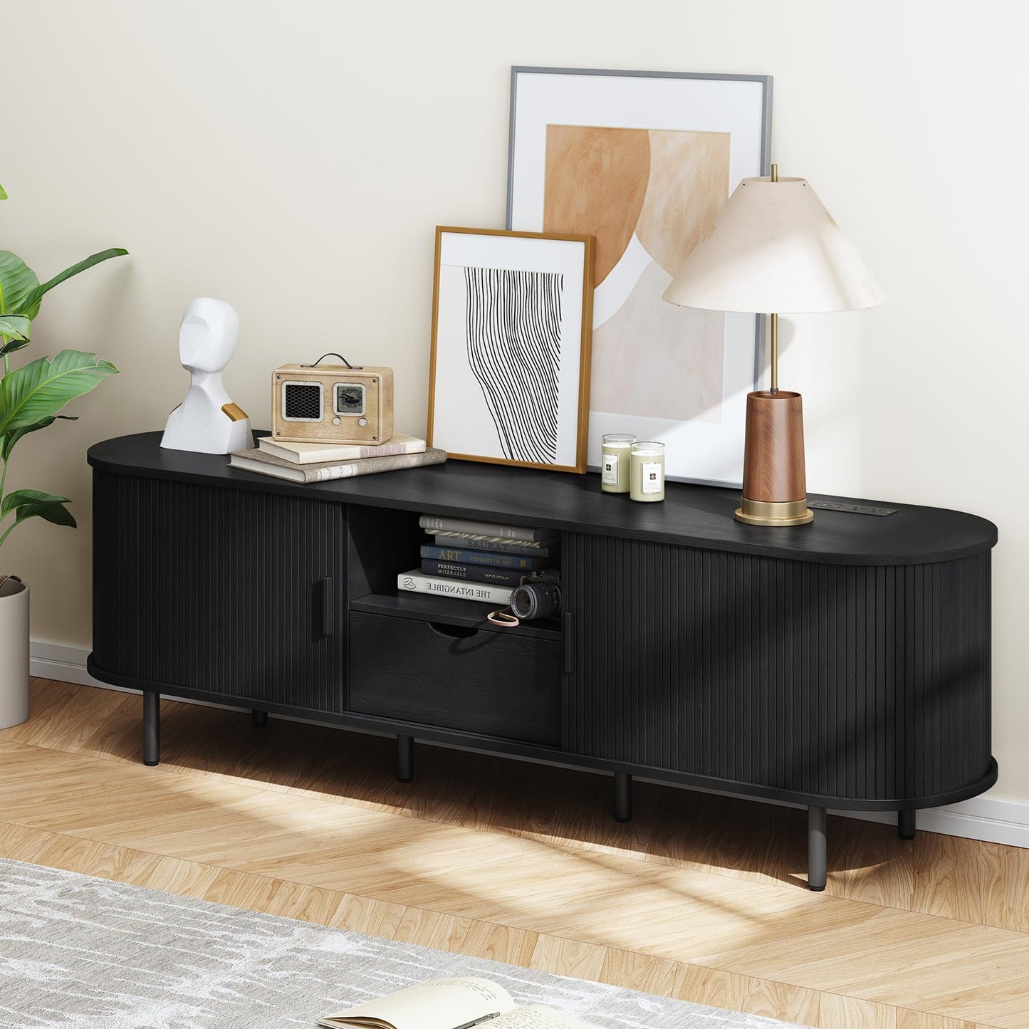 69" TV Stand with Sliding Doors and Storage Drawer