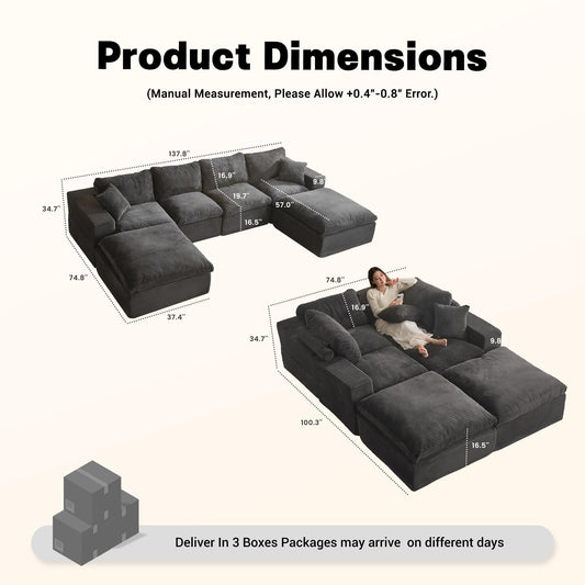 137.8" U-Shaped Modular Cloud Sectional Sofa