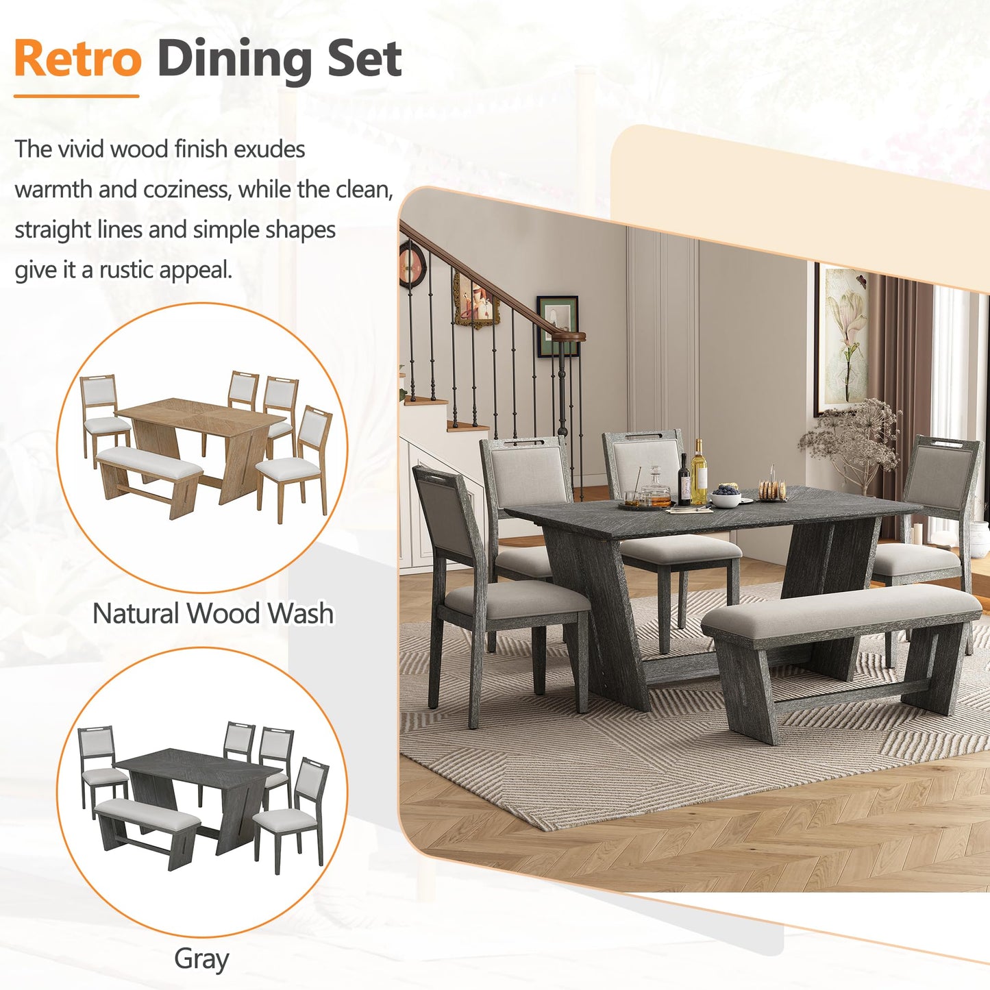 6-Piece Retro Dining Table Set with Bench