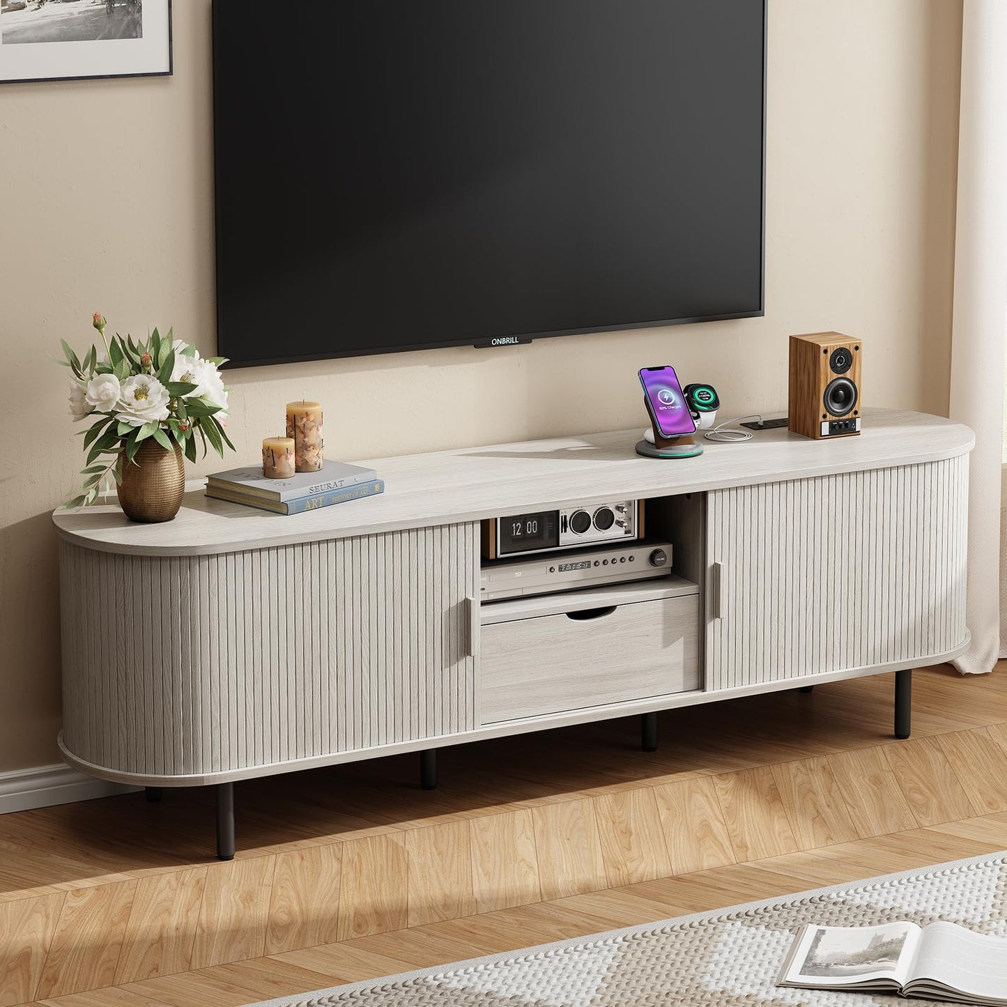69" TV Stand with Sliding Doors and Storage Drawer