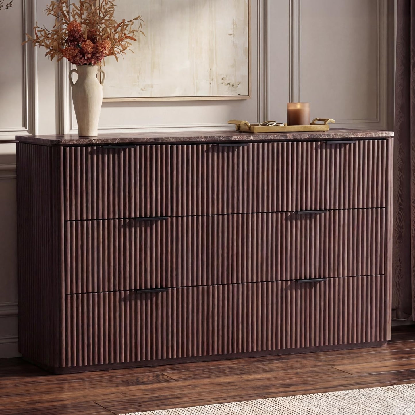 Modern Fluted Dresser with Faux Marble Top