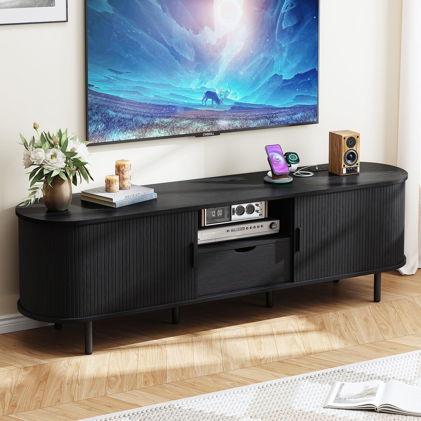 69" TV Stand with Sliding Doors and Storage Drawer