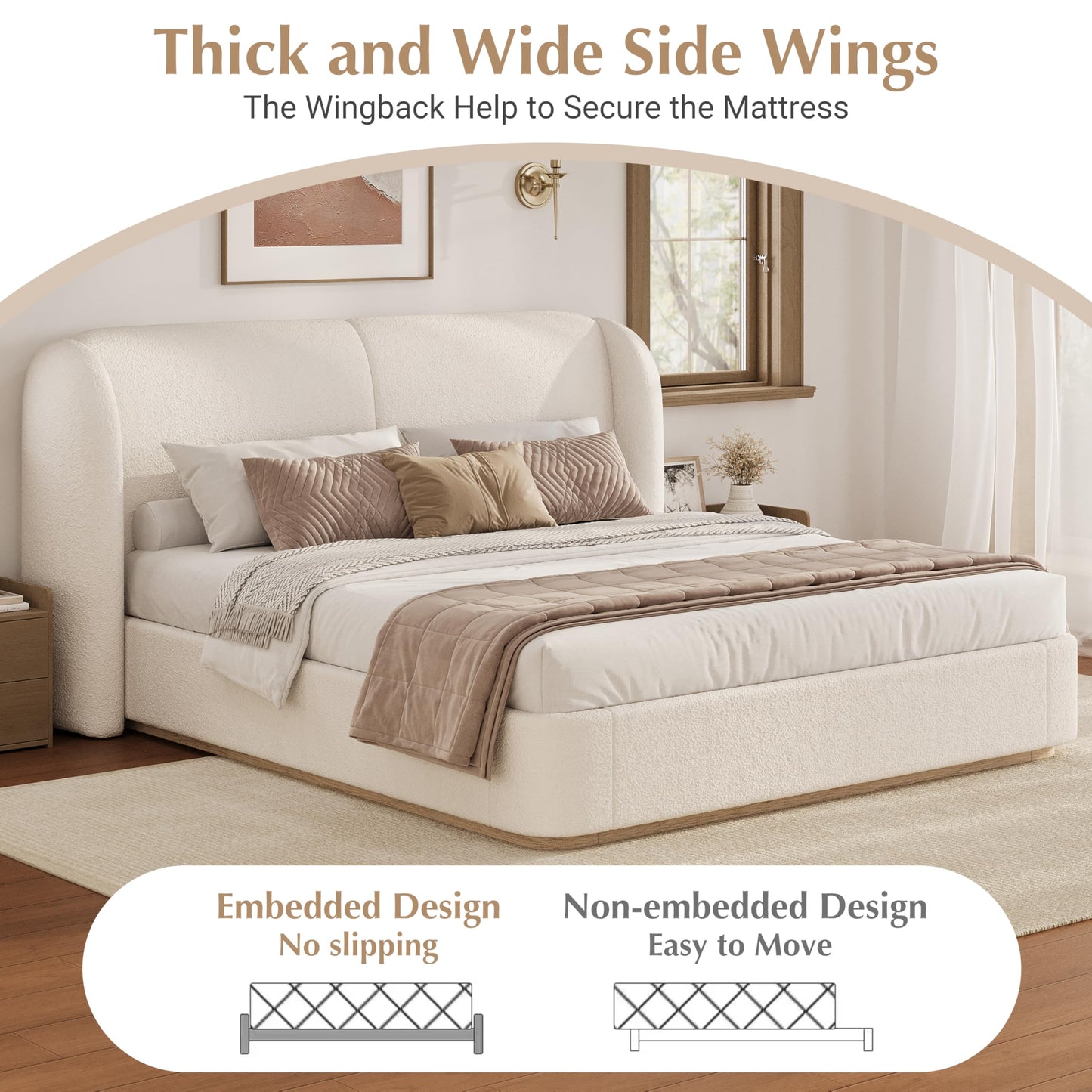 Boucle Upholstered Wingback King Platform Bed