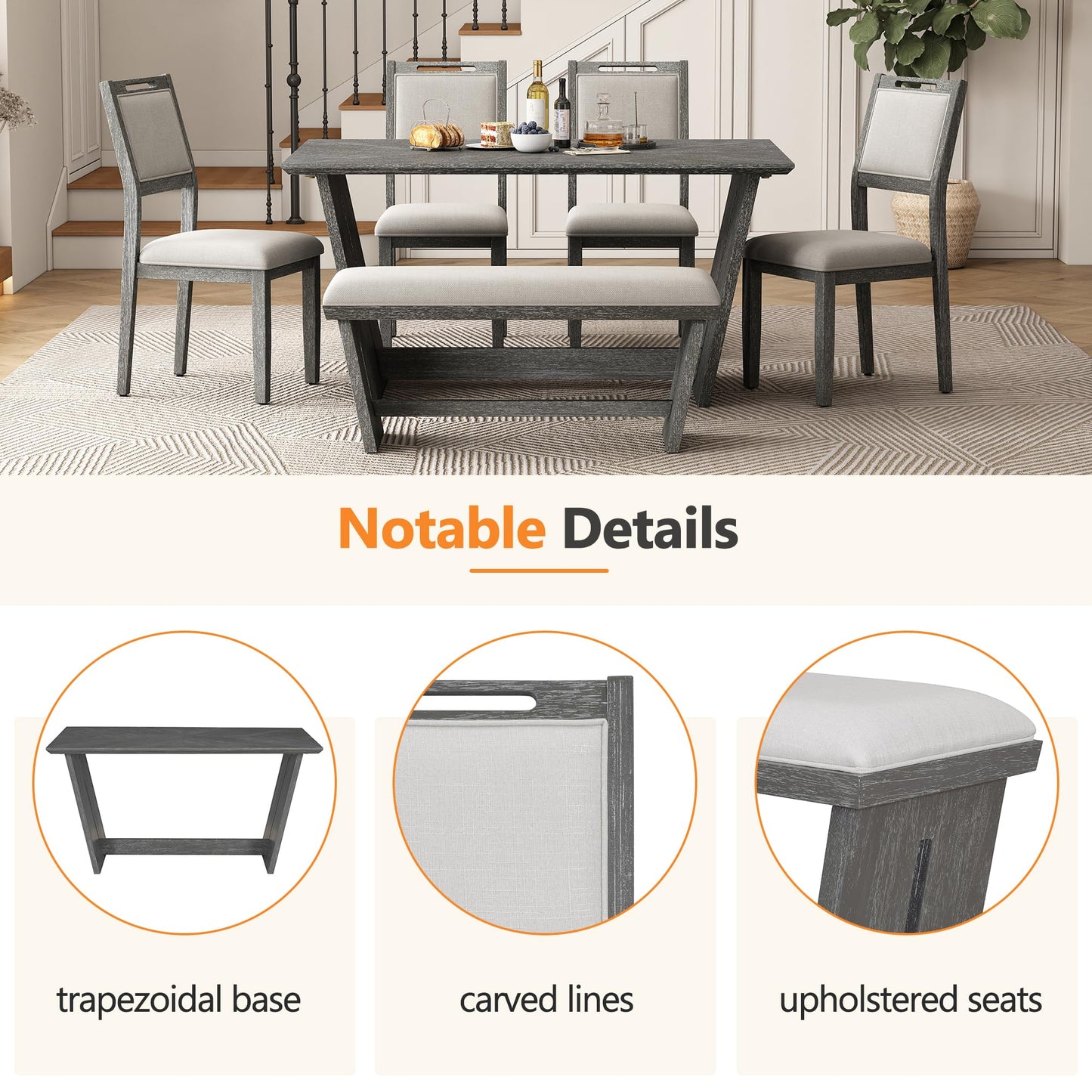 6-Piece Retro Dining Table Set with Bench