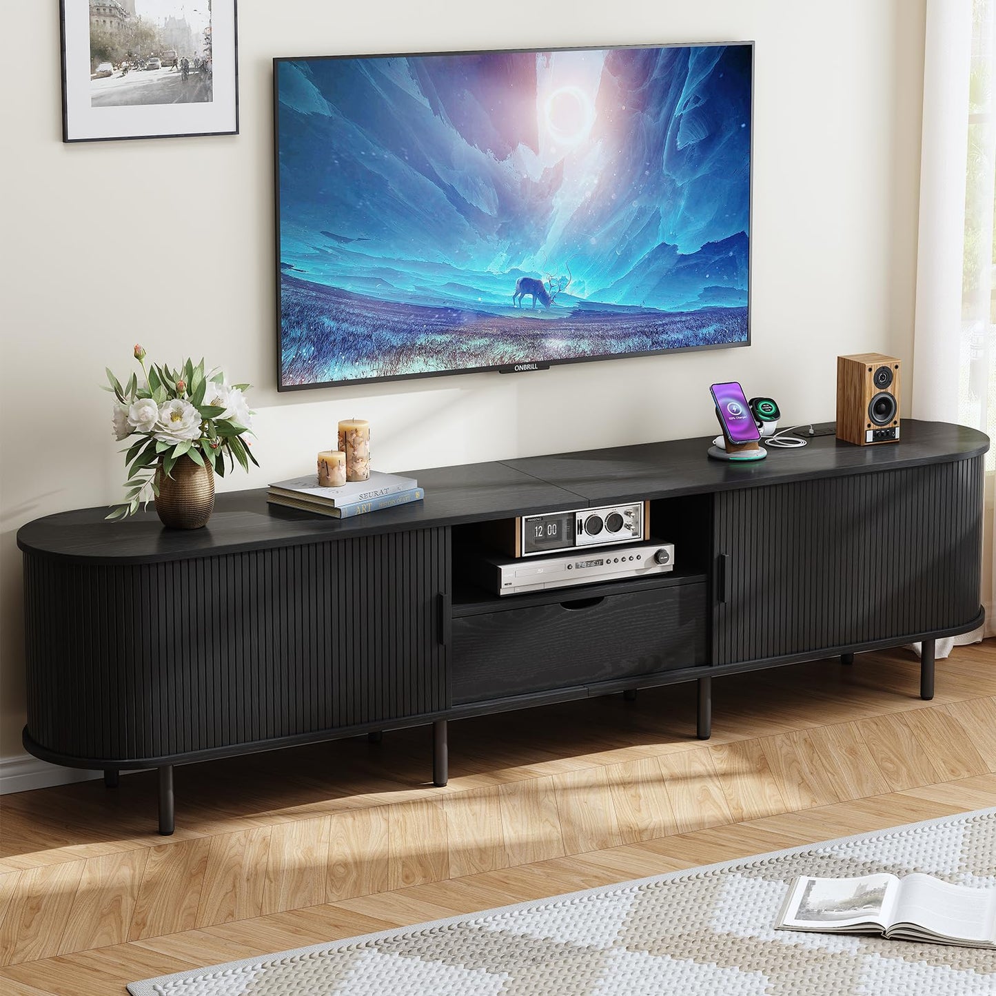 69" TV Stand with Sliding Doors and Storage Drawer