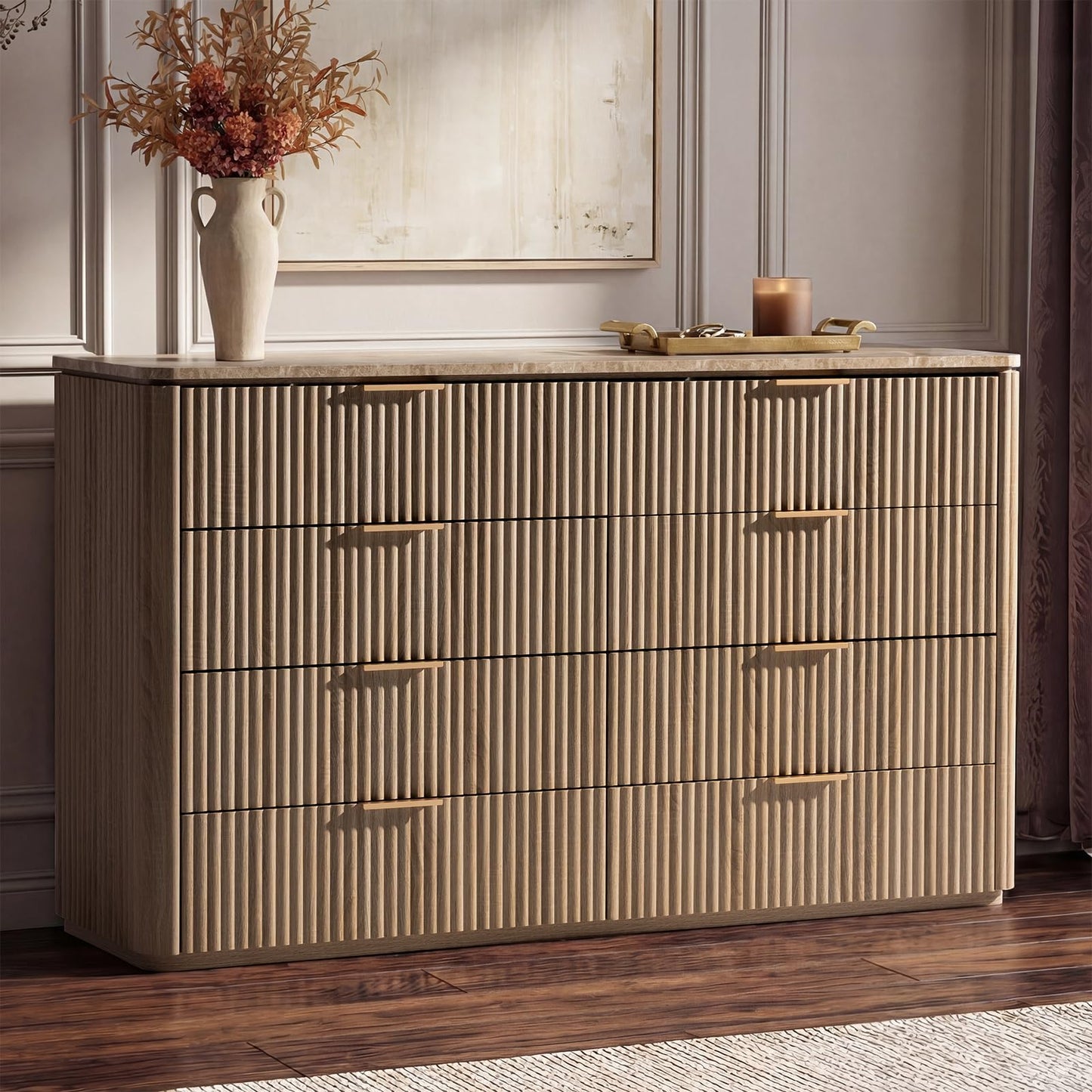Modern Fluted Dresser with Faux Marble Top