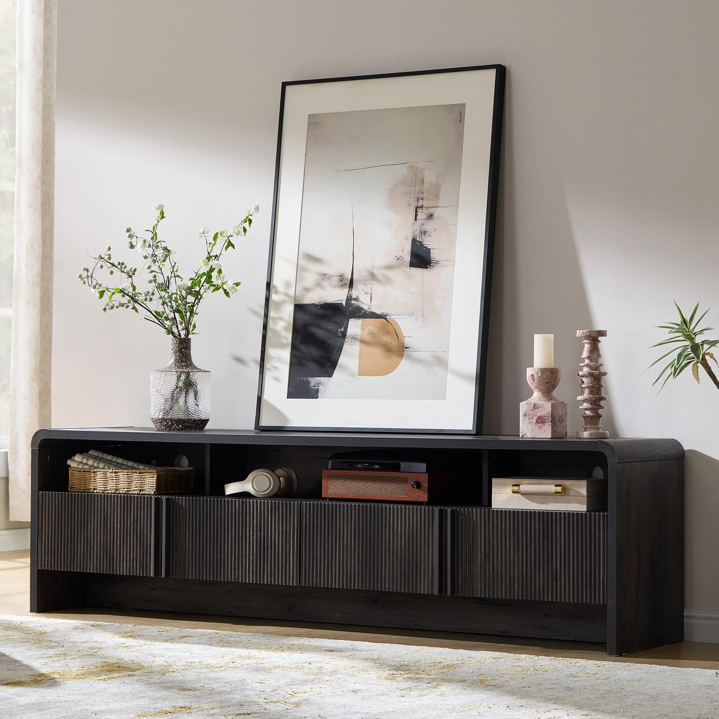 Modern Fluted TV Stand with Storage Cabinets