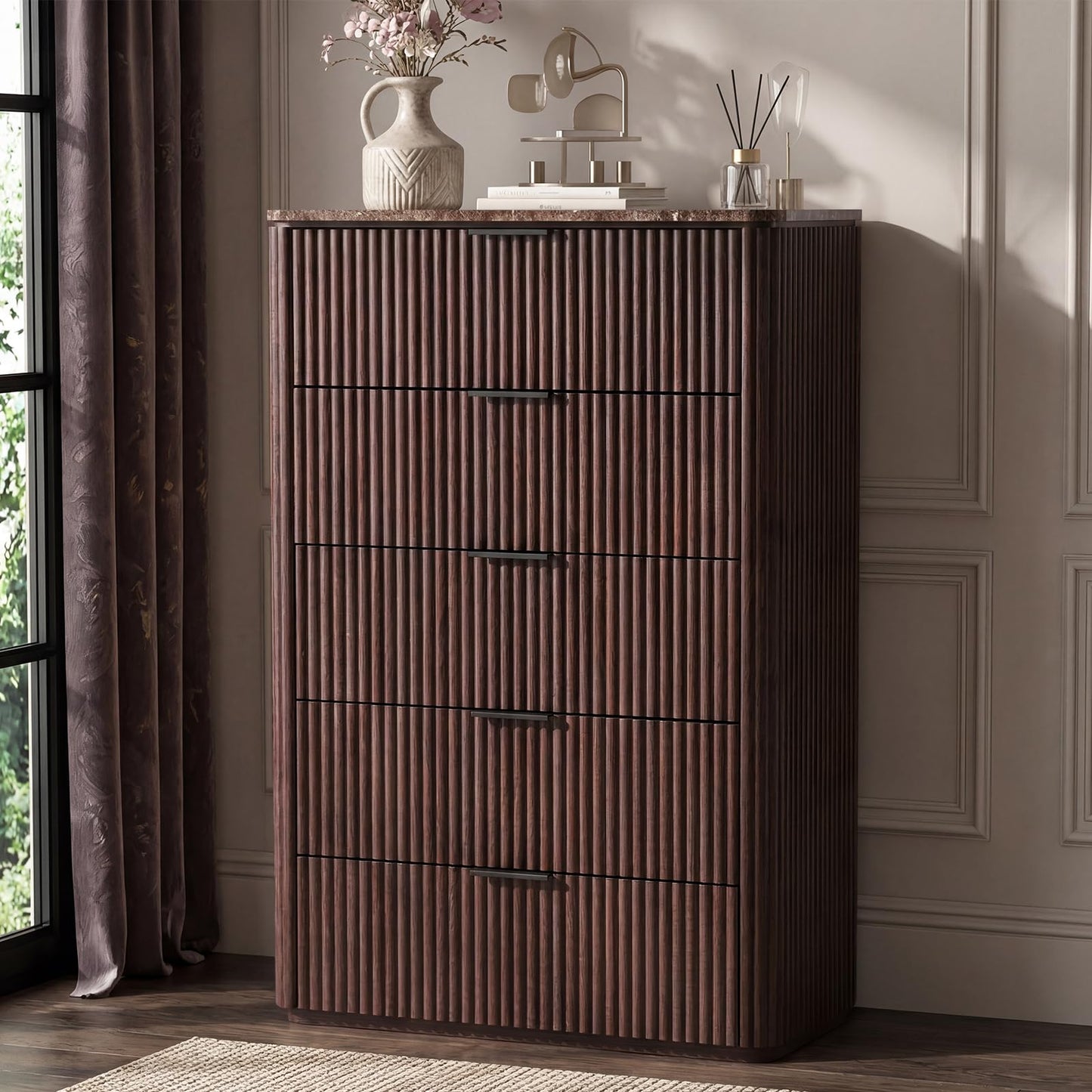 Modern Fluted Dresser with Faux Marble Top