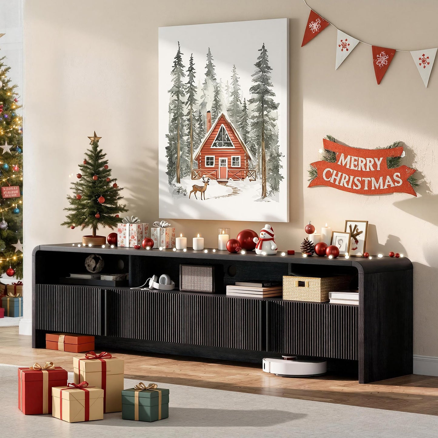 Modern Fluted TV Stand with Storage Cabinets