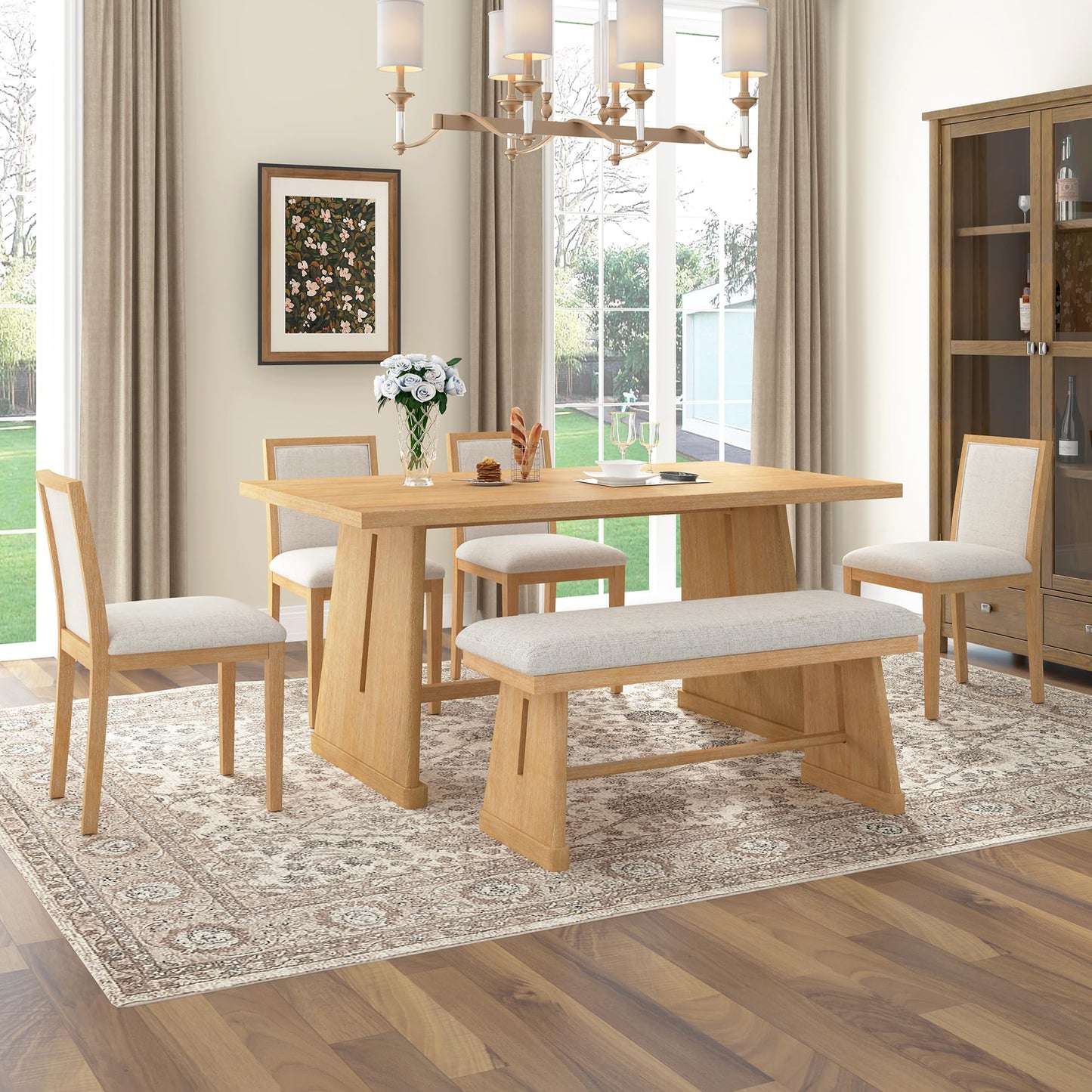 6-Piece Retro Dining Table Set with Bench