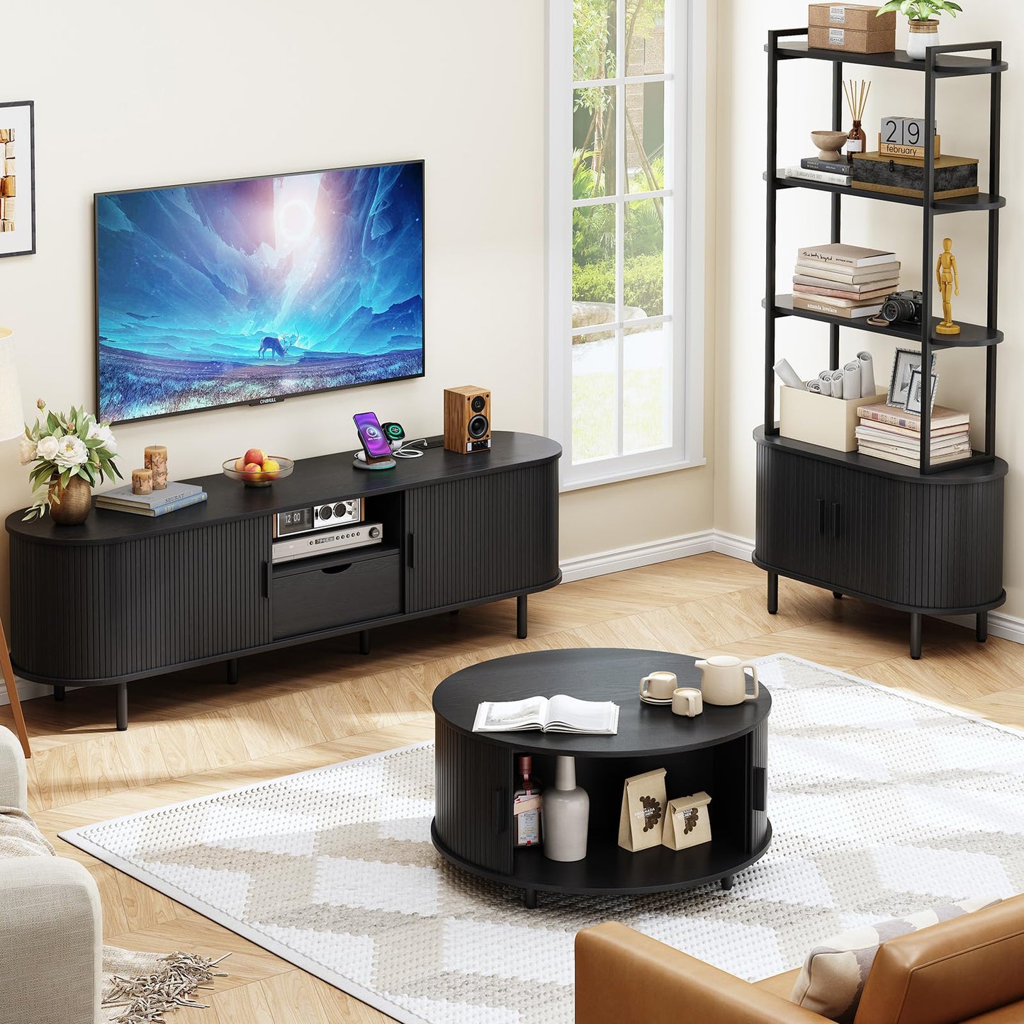 69" TV Stand with Sliding Doors and Storage Drawer