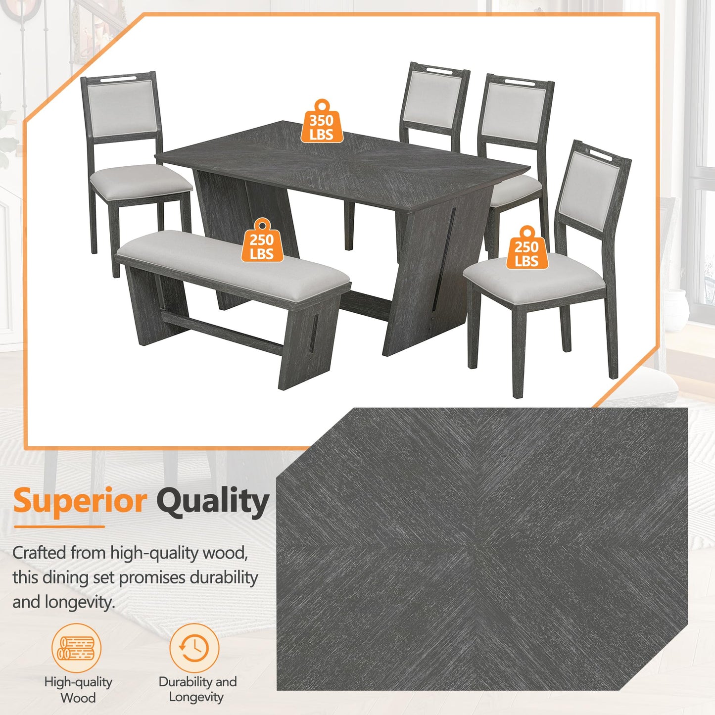 6-Piece Retro Dining Table Set with Bench