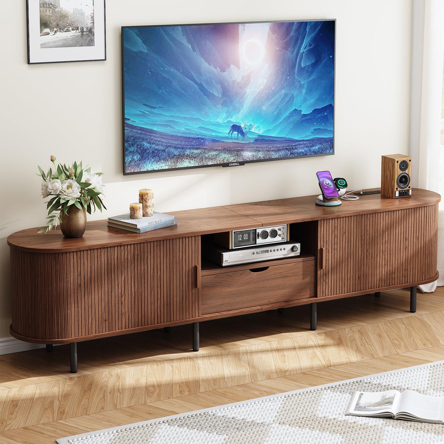 69" TV Stand with Sliding Doors and Storage Drawer