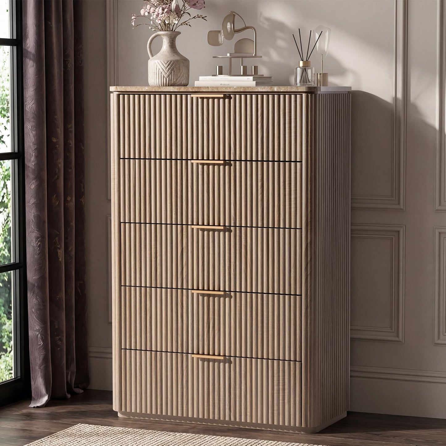 Modern Fluted Dresser with Faux Marble Top