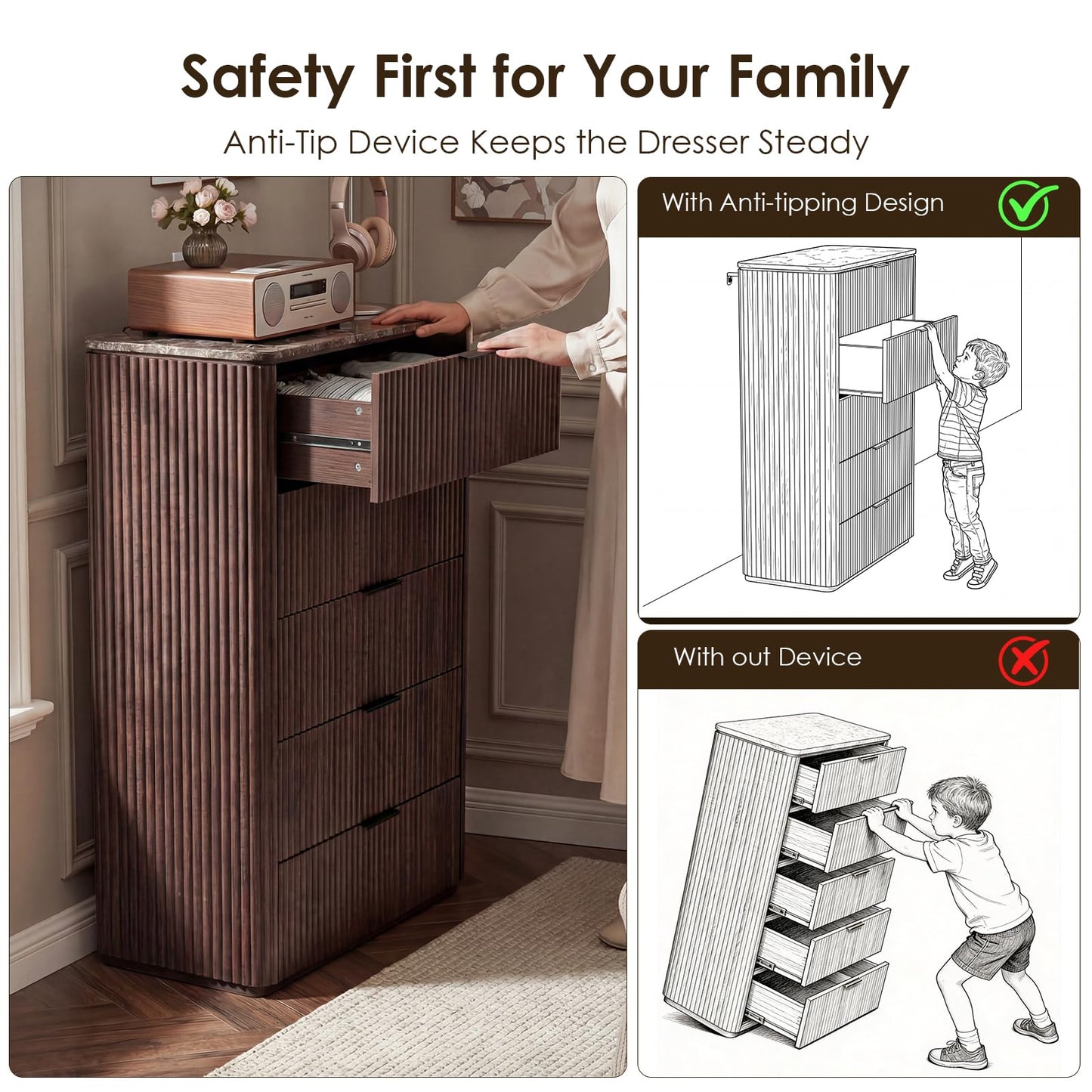 Modern Fluted Dresser with Faux Marble Top