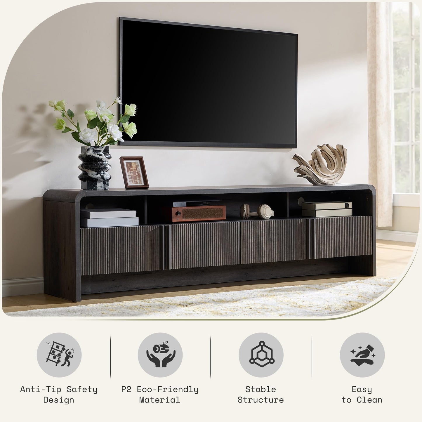Modern Fluted TV Stand with Storage Cabinets