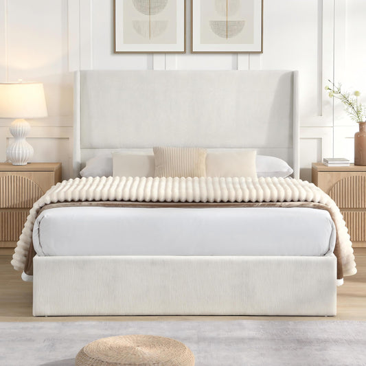 Queen Upholstered Platform Bed with Wingback Headboard