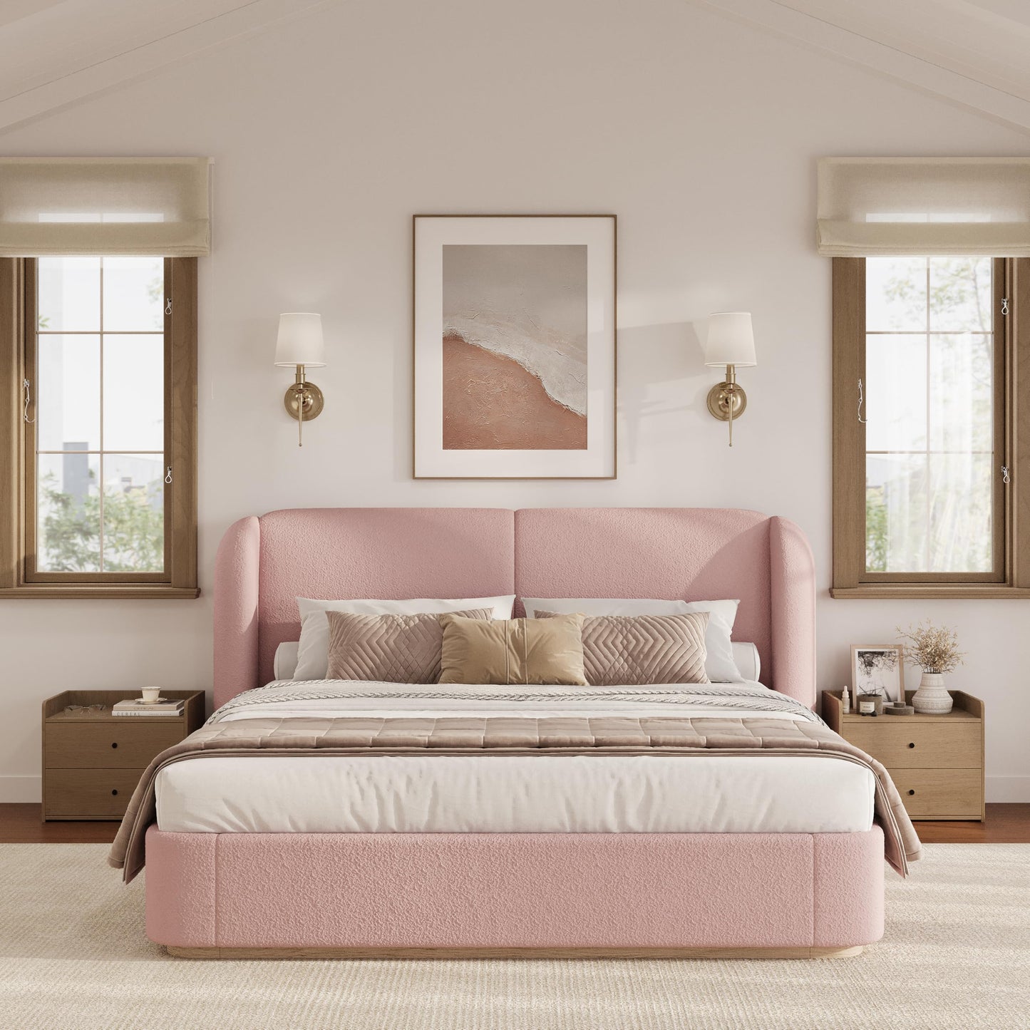 Boucle Upholstered Wingback King Platform Bed