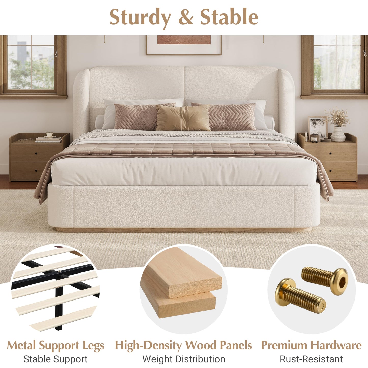 Boucle Upholstered Wingback King Platform Bed