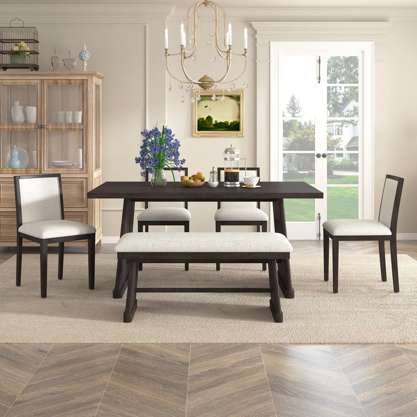 6-Piece Retro Dining Table Set with Bench