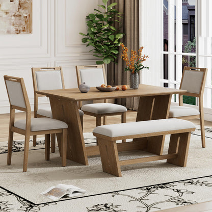 6-Piece Retro Dining Table Set with Bench